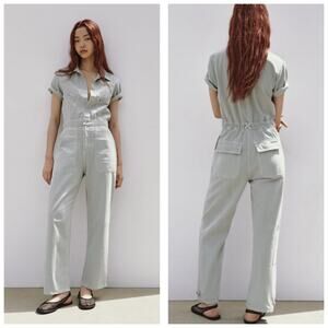 Zara Denim Jumpsuit Size Small Blue Gray Short Sleeve Straight Leg Flightsuit